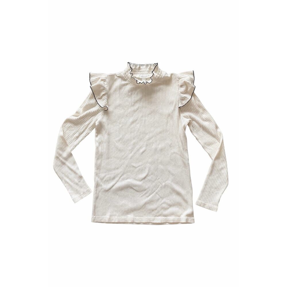 LOFT Womens Cream Ribbed Knit Ruffle Mock Neck Top Long Sleeve Size M